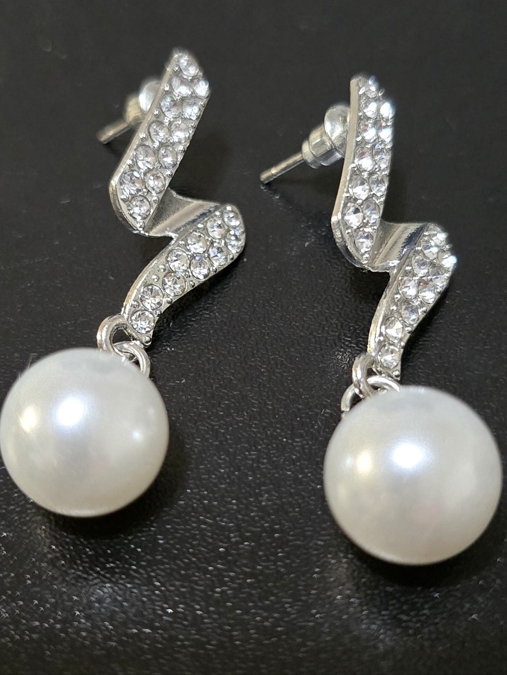 Silver Pearl Drop Earrings with Sparkling Accents